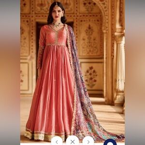 NWT Coral Embroidered Silk Anarkali